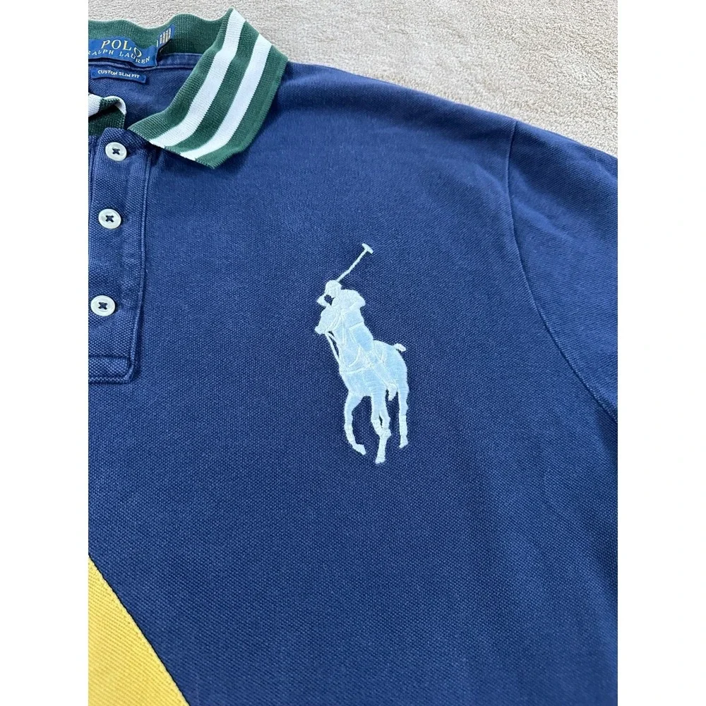 Polo‎ Ralph Lauren Polo Shirt Men 2XL Yellow Diagonal Stripe Big Pony Crest S/S